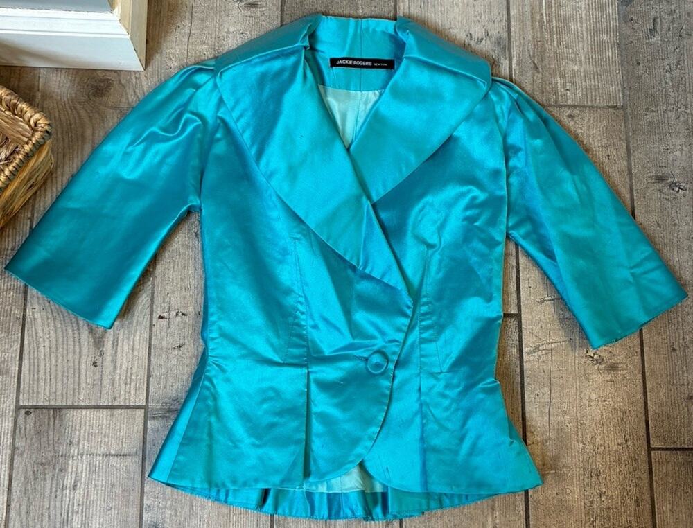 Jackie Rogers NY Vintage Shimmer Teal Silk Taffeta Peplum Blazer Jacket Size 6